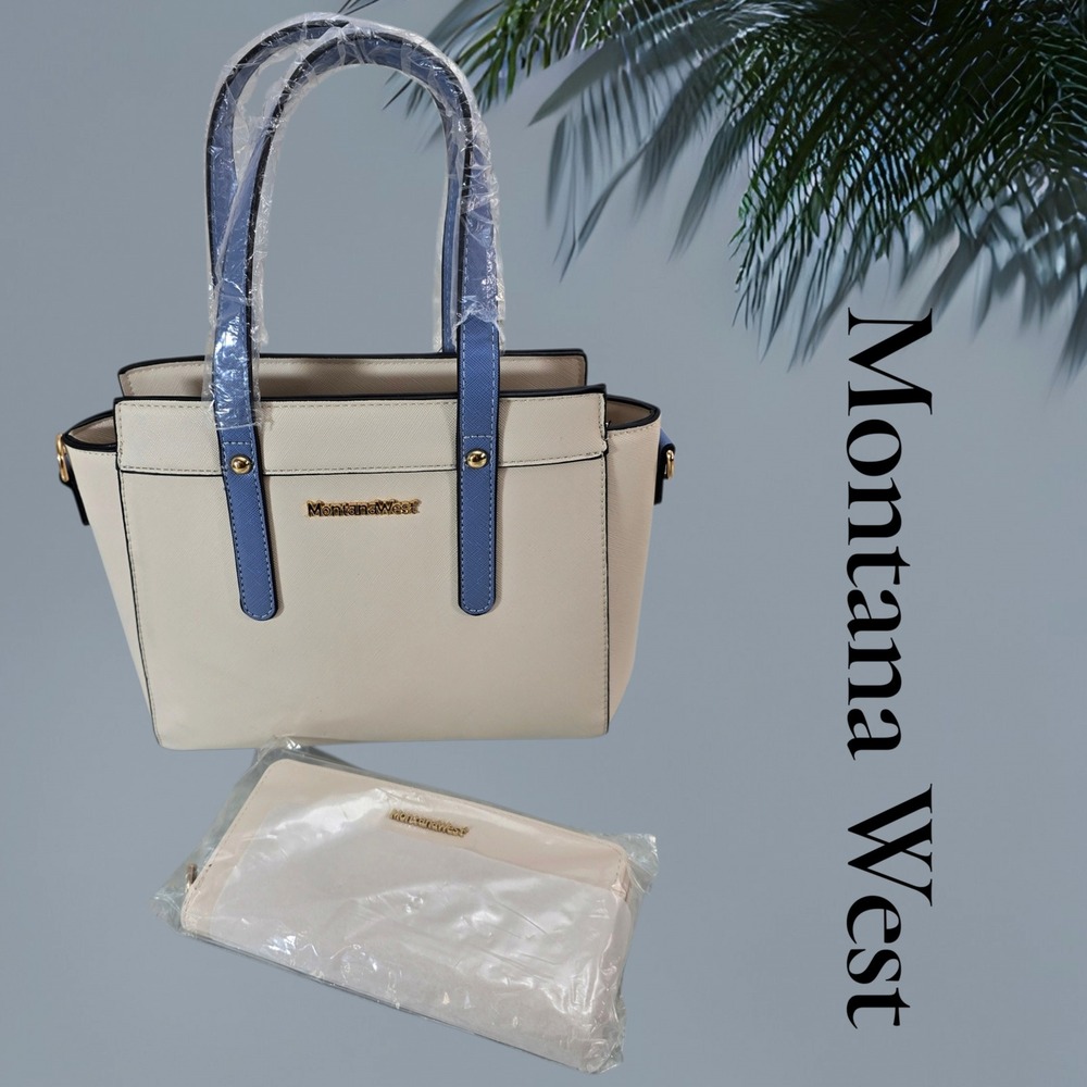 Montana West Tote Bag Wallet Set Womens Cream Blue Vegan Leather Western Preppy